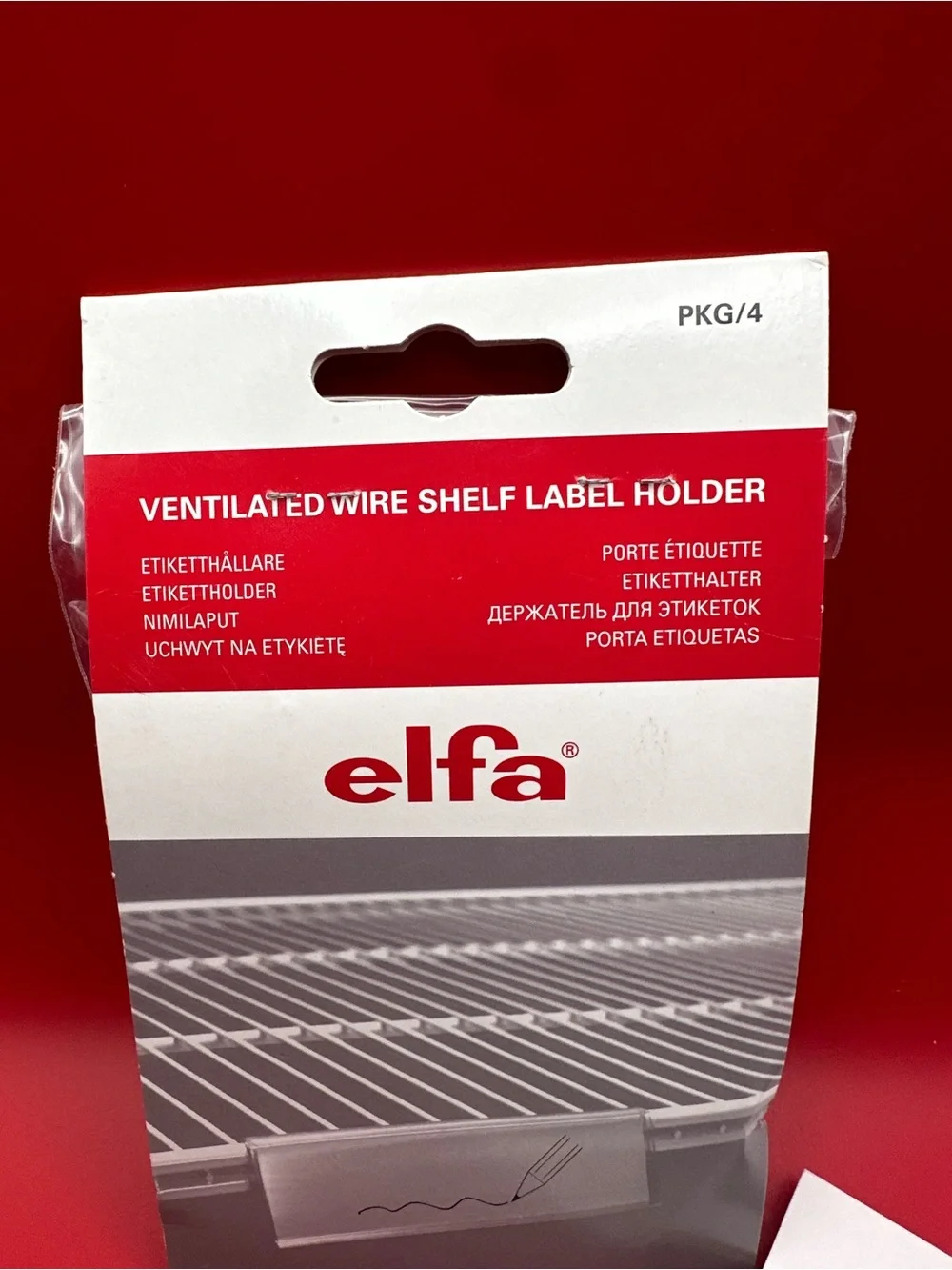 ELF Red and White Ventilated Wire Shelf Label Holder Packaging